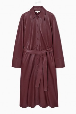 COS Belted Cuir Midi Shirt Robe Bordeaux | 094523-QUO