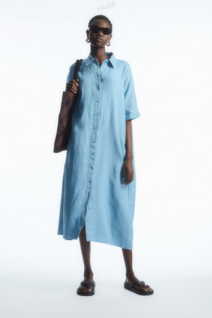 COS Belted Linen Shirt Robe Bleu Clair | 210836-GLX