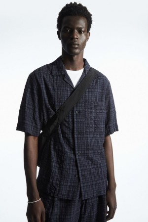 COS Checked Seersucker Camp-Collar Shirt Bleu Marine | 541387-BDR