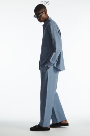 COS Droit-Leg Textured Linen Trousers Bleu Clair | 812369-SXU