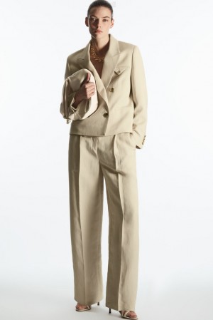 COS Larges-Leg Plissé Linen-Blend Trousers Beige | 739014-AXY