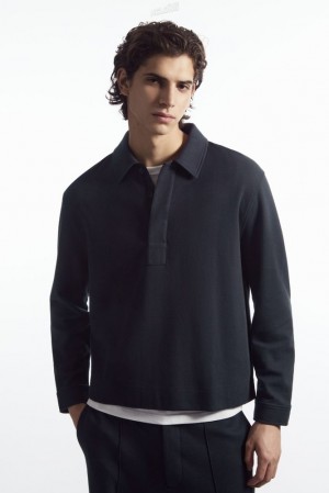 COS Long-Sleeved Jersey Polo Shirt Bleu Marine | 012967-JHU