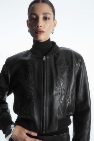 COS Oversized AppliquéD Cuir Bomber Jacket Noir | 376854-BNC