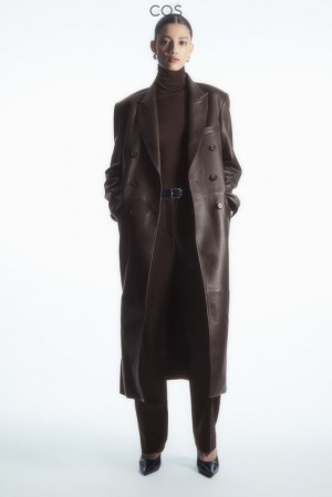 COS Oversized Double-Breasted Cuir Coat Marron | 086475-XWL