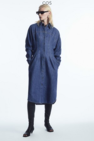 COS Oversized Waisted Denim Shirt Robe Bleu | 012974-EKJ