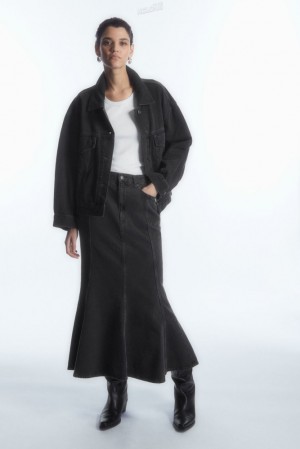 COS Paneled Flared Denim Skirt Noir | 863142-DBK