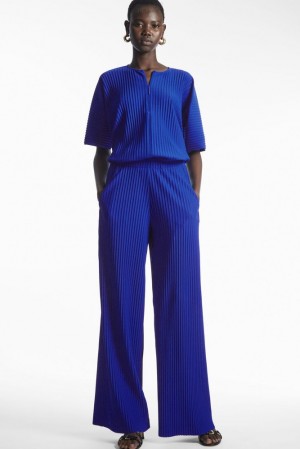 COS Plissé Elasticated Trousers Bleu | 562398-YFJ