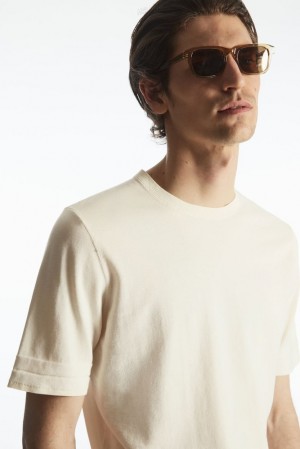 COS Regular-Fit Tricoté-Cuff T-Shirt Off-White | 437526-SDT