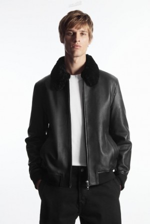 COS Shearling-Trimmed Cuir Bomber Jacket Noir | 910643-ILH