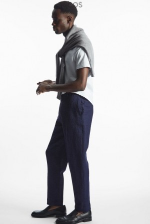 COS Tapered Textured-Seersucker Trousers Bleu Marine | 782314-NOL