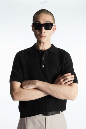 COS Textured Tricoté Polo Shirt Noir | 547698-UYF