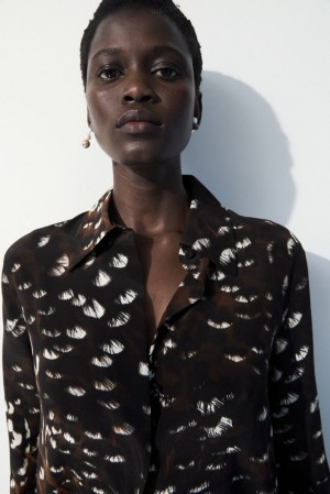 COS The Feather-Print Silk Shirt Noir | 617483-UFI