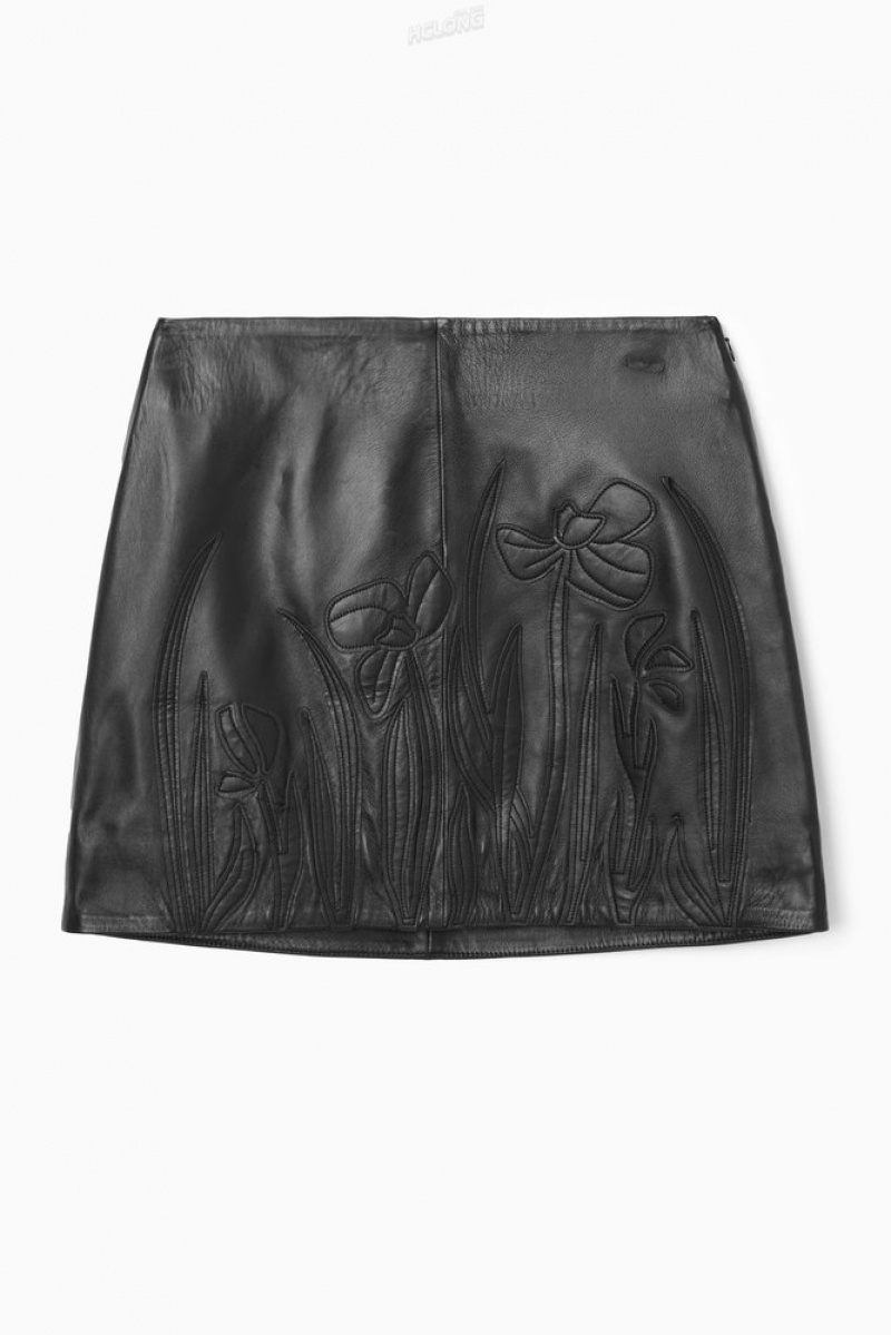 COS AppliquéD Cuir Mini Skirt Noir | 138265-HFZ