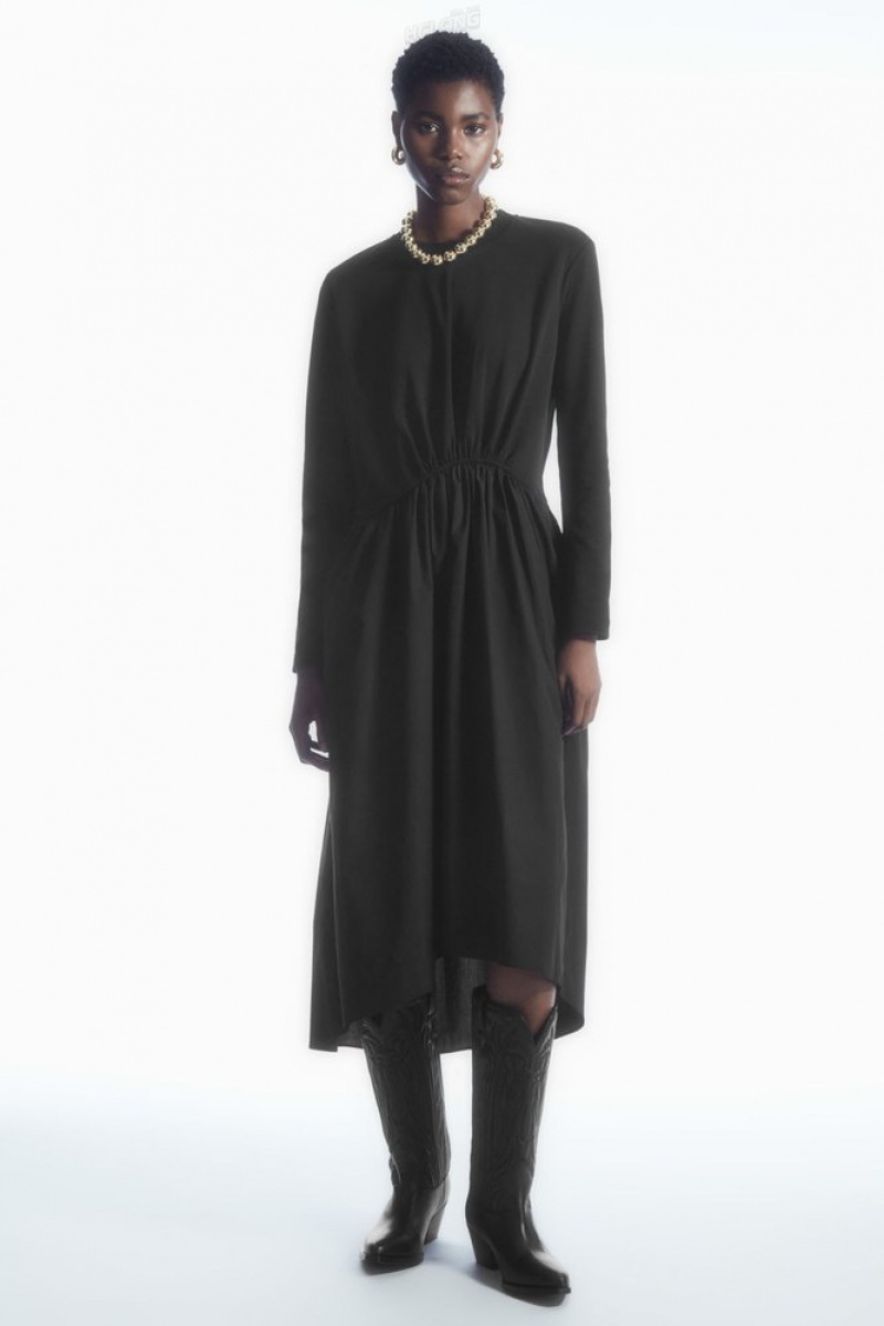 COS Asymmetric Gathered-Taille Midi Robe Noir | 324970-OUJ