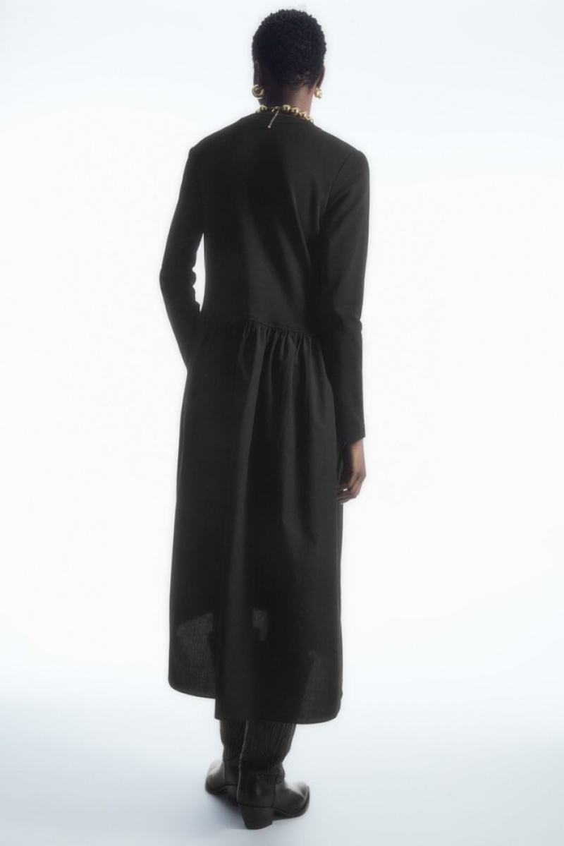 COS Asymmetric Gathered-Taille Midi Robe Noir | 324970-OUJ