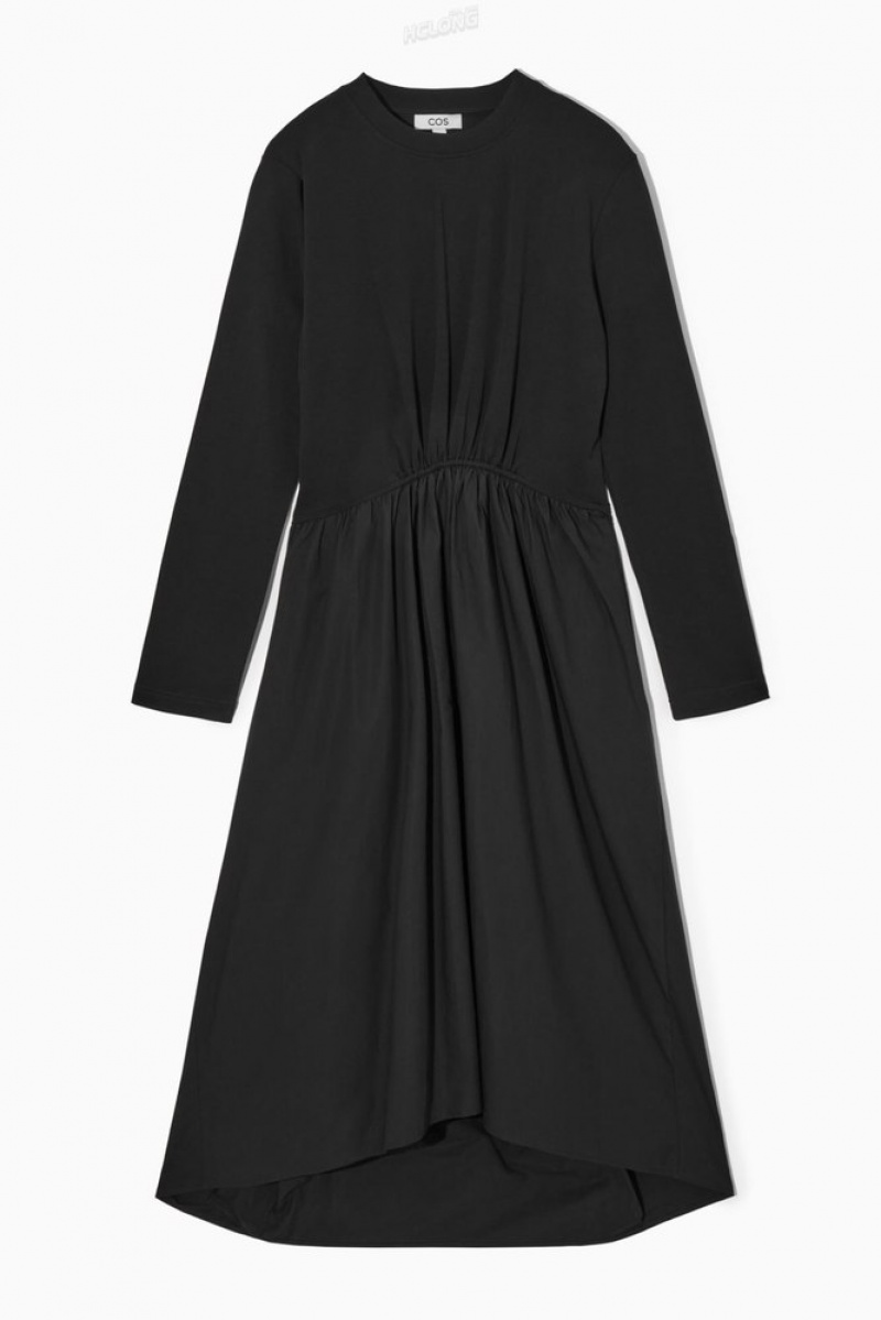 COS Asymmetric Gathered-Taille Midi Robe Noir | 324970-OUJ