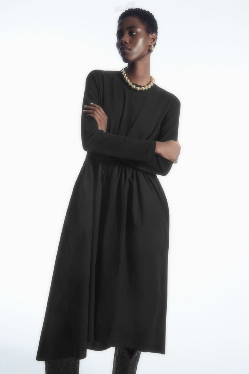 COS Asymmetric Gathered-Taille Midi Robe Noir | 324970-OUJ