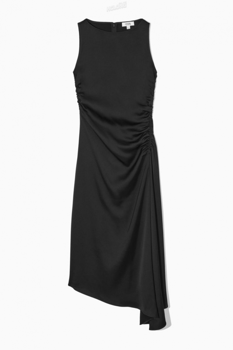 COS Asymmetric Gathered Satin Midi Robe Noir | 409571-BHL