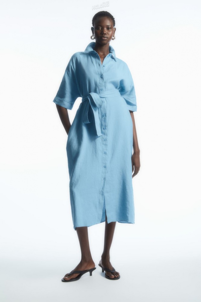 COS Belted Linen Shirt Robe Bleu Clair | 210836-GLX