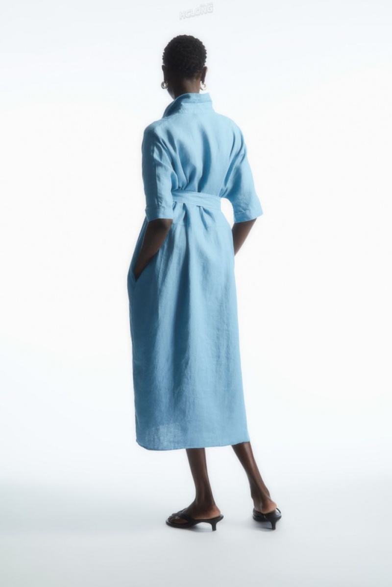 COS Belted Linen Shirt Robe Bleu Clair | 210836-GLX