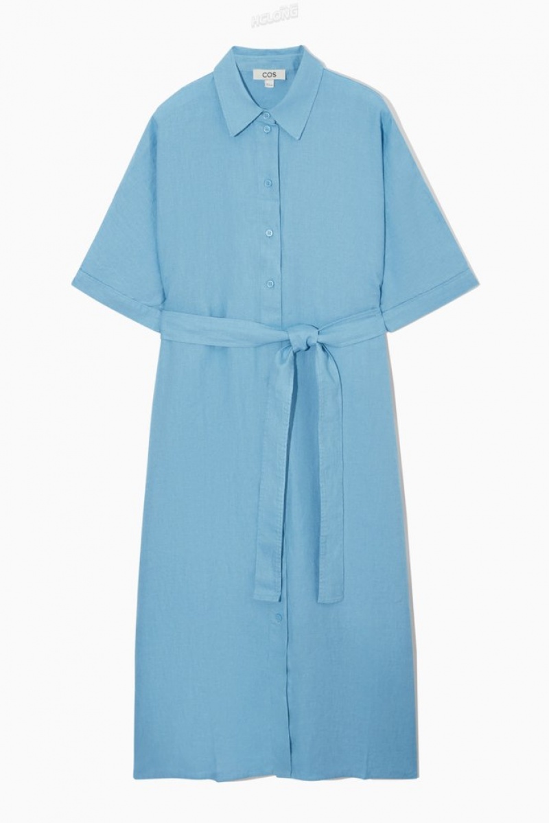 COS Belted Linen Shirt Robe Bleu Clair | 210836-GLX