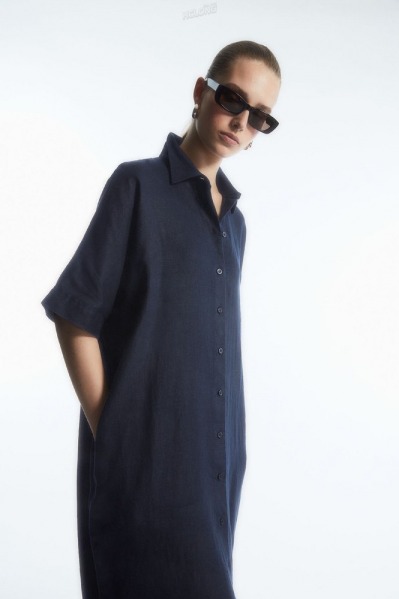 COS Belted Linen Shirt Robe Bleu Marine | 904786-ZMA