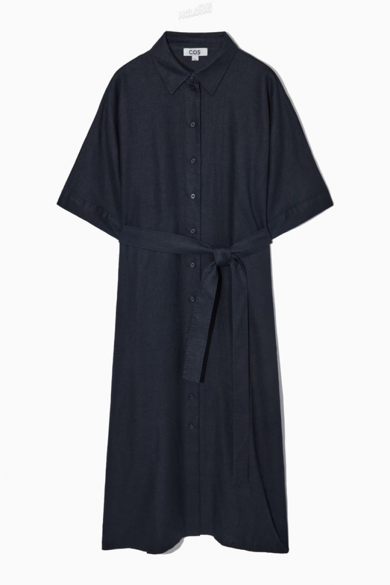 COS Belted Linen Shirt Robe Bleu Marine | 904786-ZMA