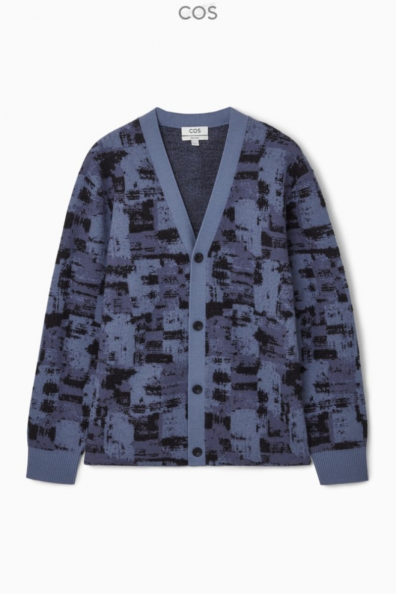 COS Brushstroke-Jacquard Laine Cardigan Bleu Noir | 407219-RUO