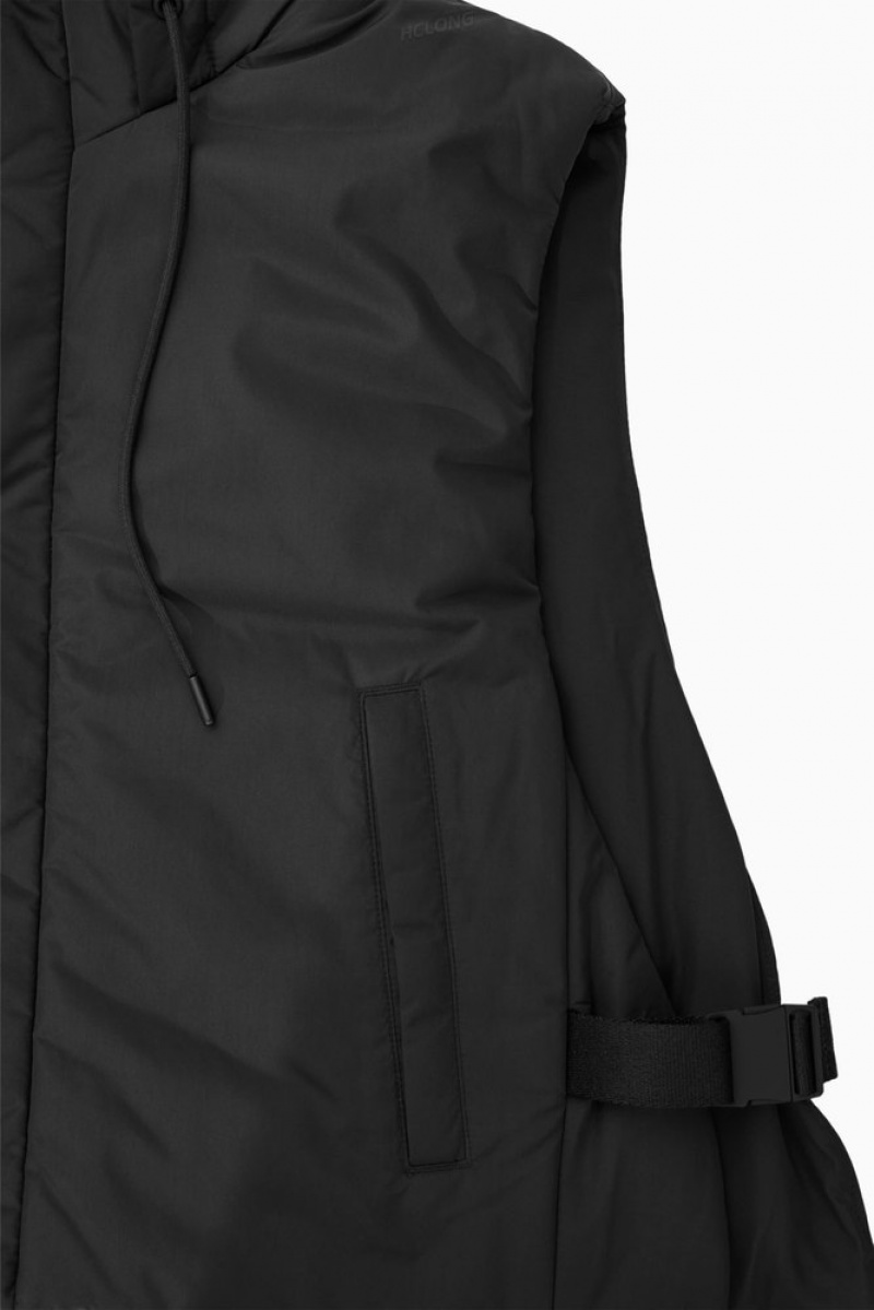 COS Buckled-Side Rembourré Encapuchonné Gilet Noir | 514923-JVL