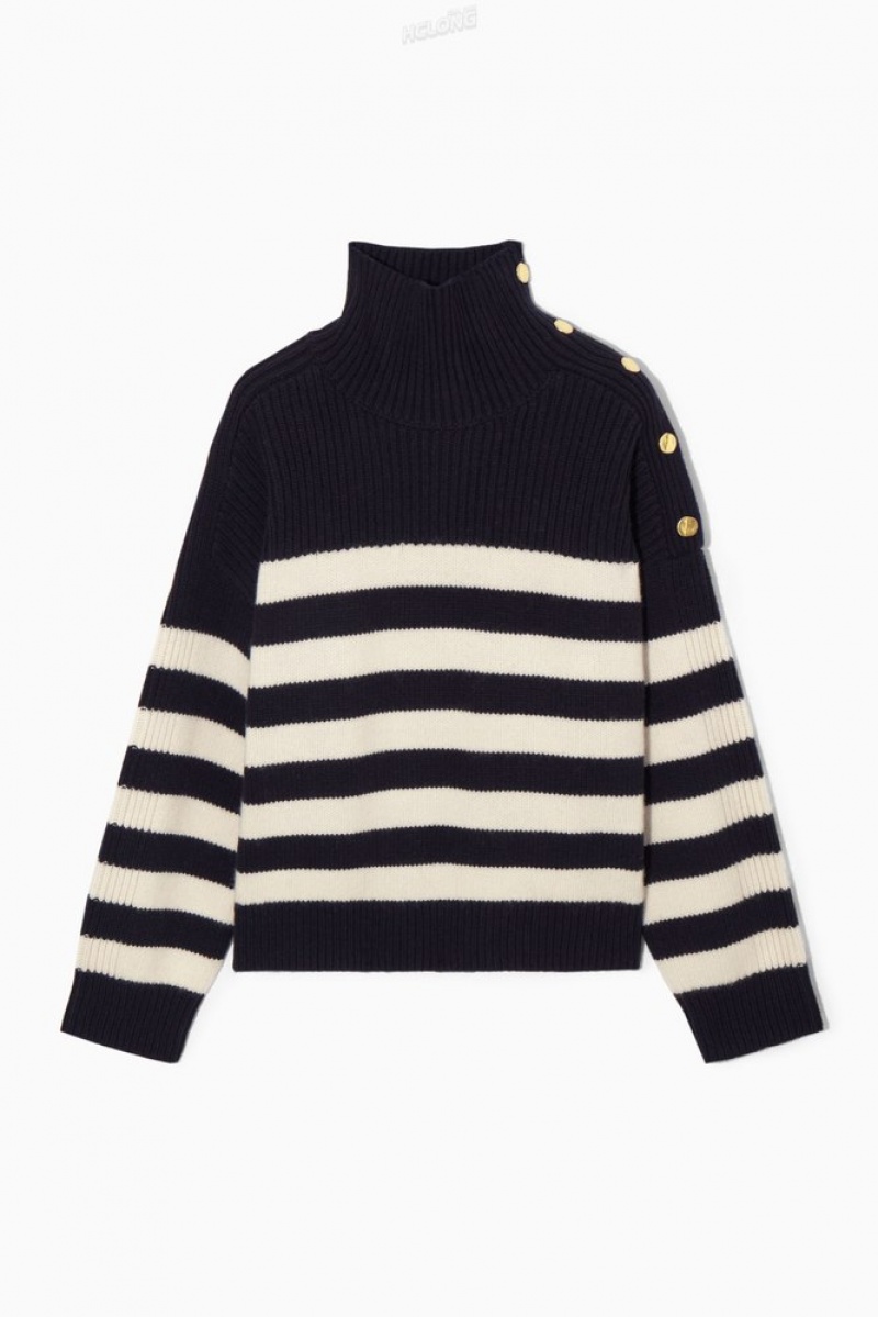 COS Button-Embellished Rayé Laine Jumper Bleu Marine | 127609-JXB