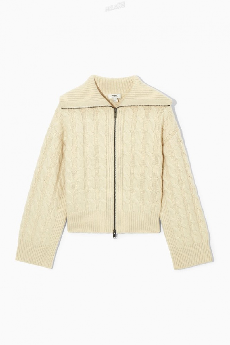 COS Cable-Knit Laine Zip-Up Jacket Blanche | 268739-UKA