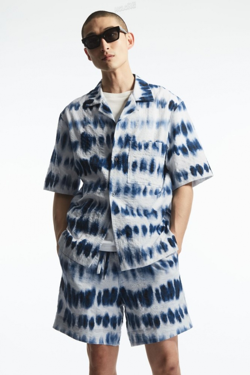 COS Camp-Collar Seersucker Shirt Blanche Bleu | 305648-YPT