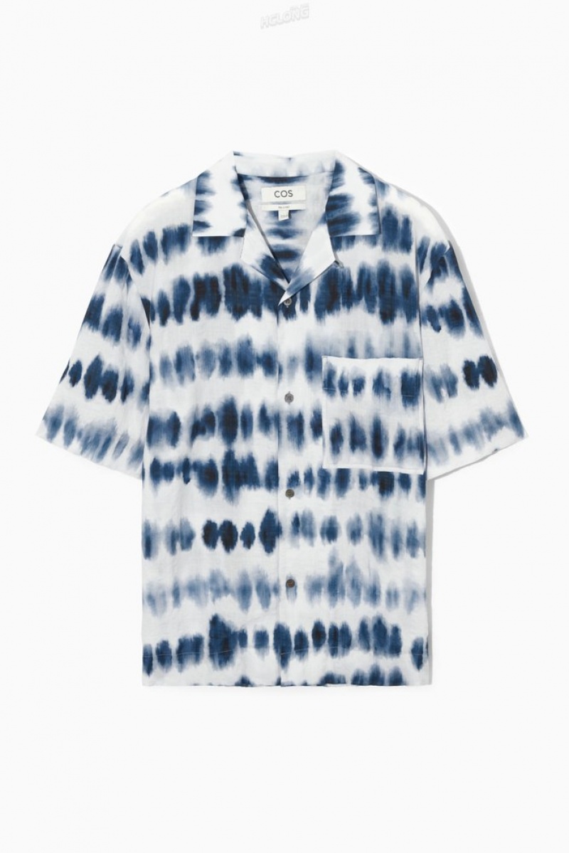 COS Camp-Collar Seersucker Shirt Blanche Bleu | 305648-YPT