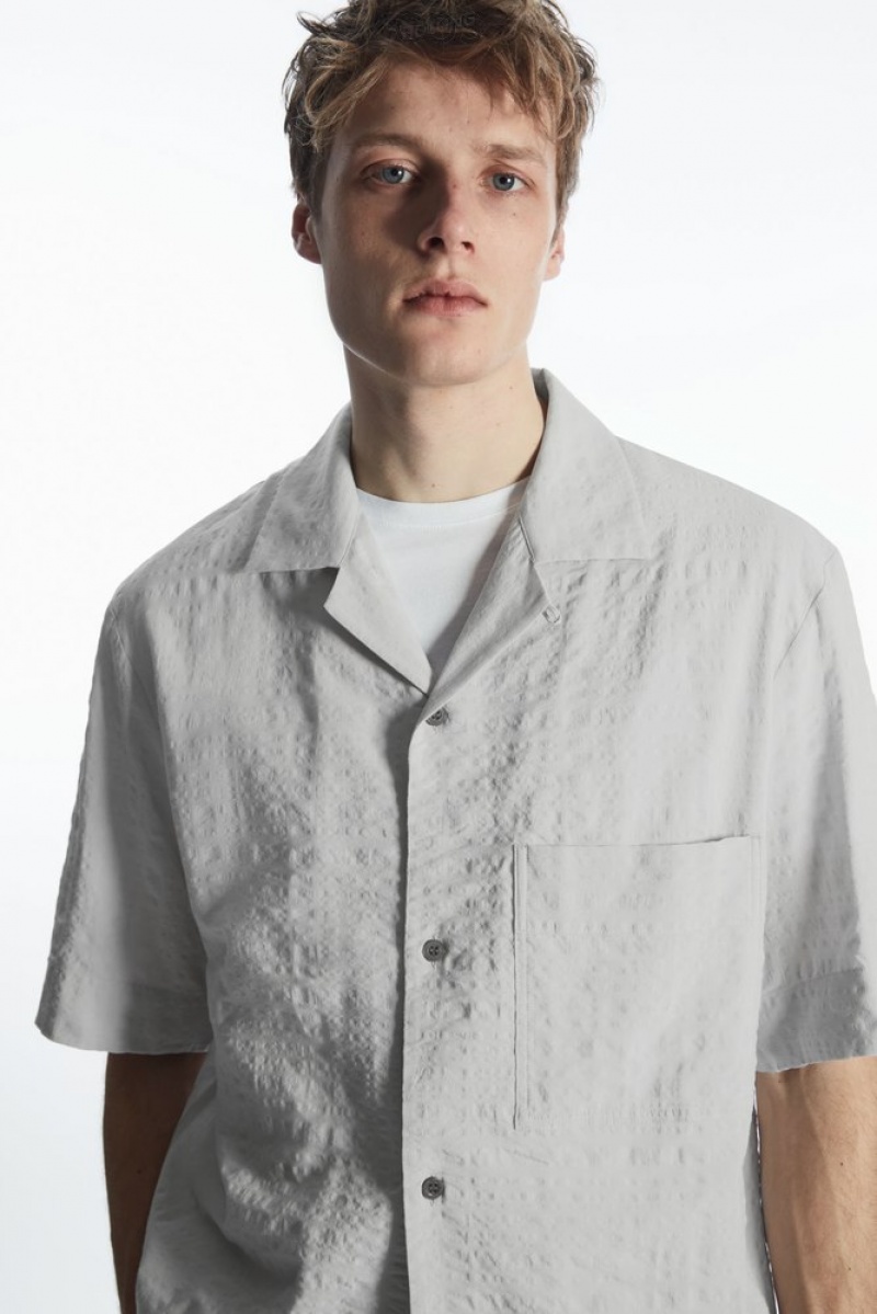 COS Camp-Collar Seersucker Shirt Grise Clair | 931462-POI