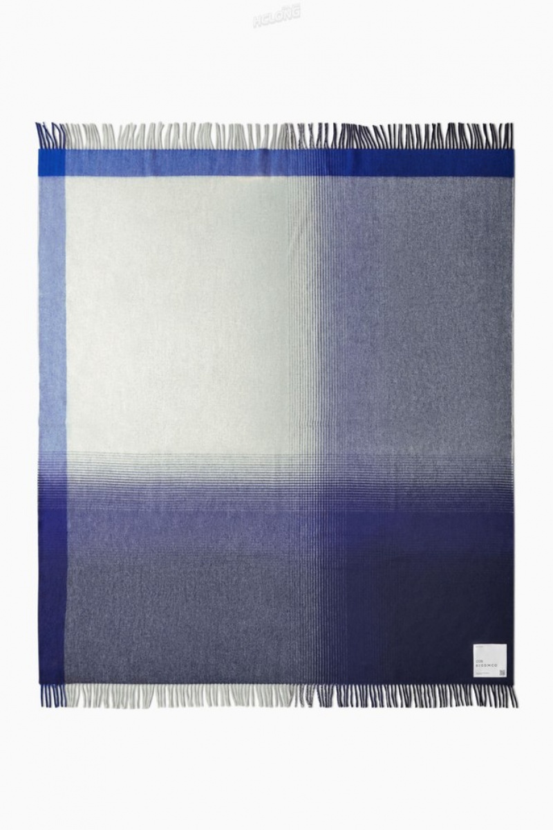 COS Checked Lambswool And Cashmere Blanket Bleu | 921374-JCX