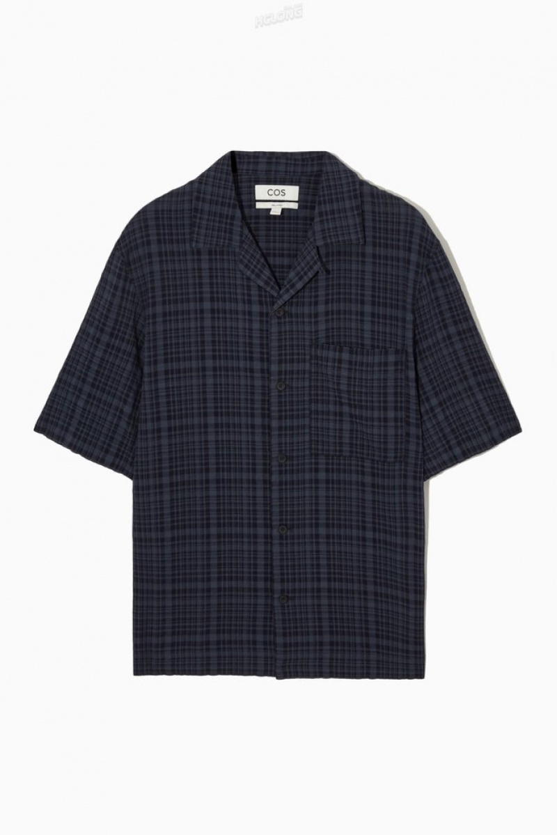 COS Checked Seersucker Camp-Collar Shirt Bleu Marine | 541387-BDR