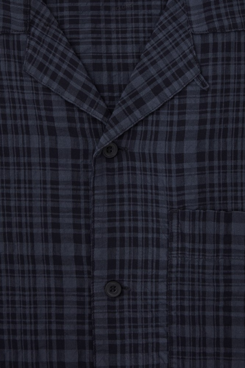 COS Checked Seersucker Camp-Collar Shirt Bleu Marine | 541387-BDR