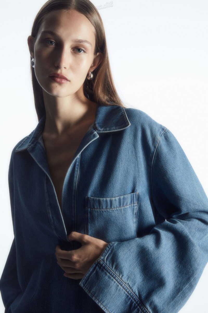 COS Collared V-Neck Denim Top Bleu | 452168-JZK