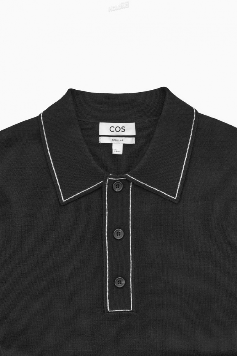 COS Contrast-Stitch Laine Polo Shirt Noir Blanche | 637852-WQN