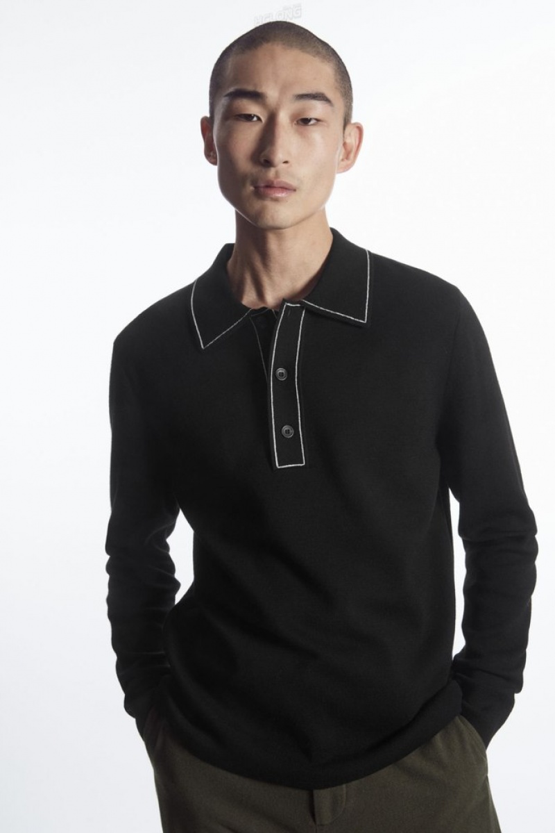 COS Contrast-Stitch Laine Polo Shirt Noir Blanche | 637852-WQN