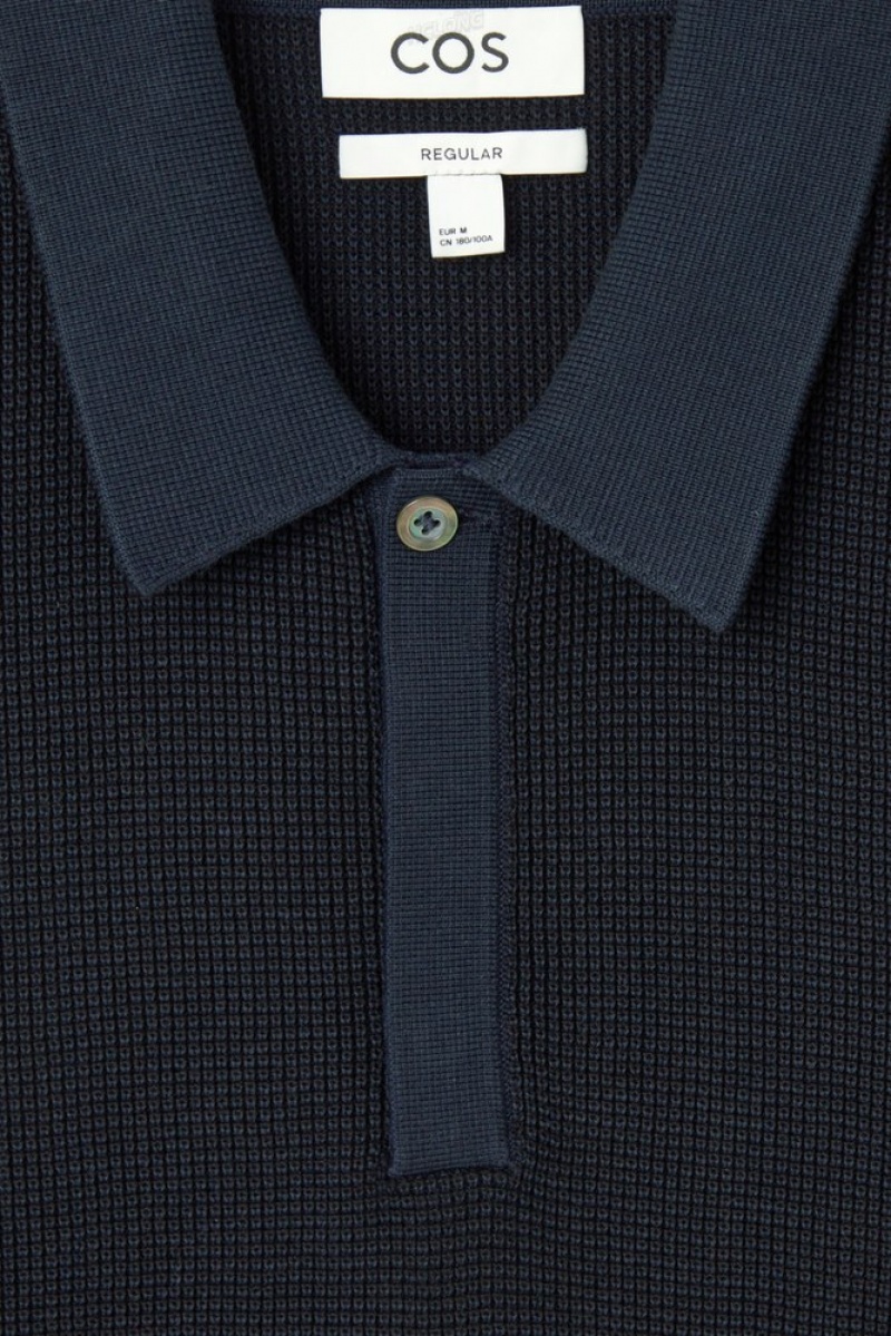 COS Contrast-Trim Waffle-Knit Polo Shirt Stone | 095183-PUB