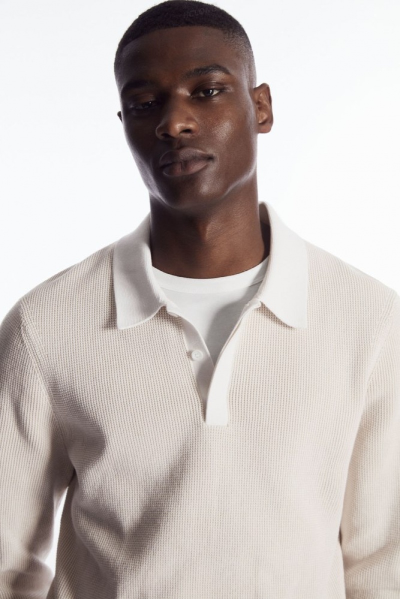 COS Contrast-Trim Waffle-Knit Polo Shirt Stone | 703869-GLF