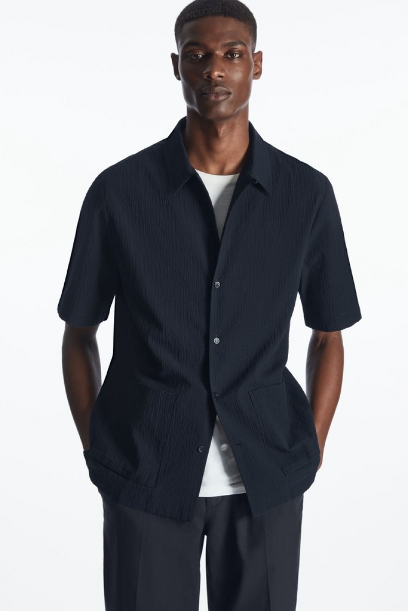 COS Corta-Sleeved Coton-Seersucker Shirt Bleu Marine | 312684-AVD