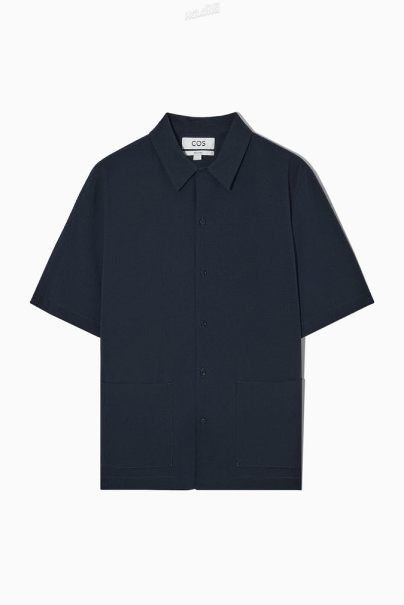 COS Corta-Sleeved Coton-Seersucker Shirt Bleu Marine | 312684-AVD