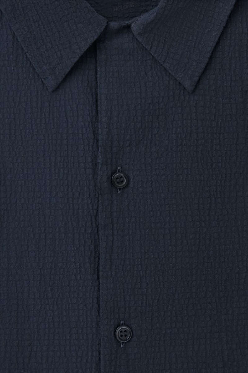 COS Corta-Sleeved Coton-Seersucker Shirt Bleu Marine | 312684-AVD