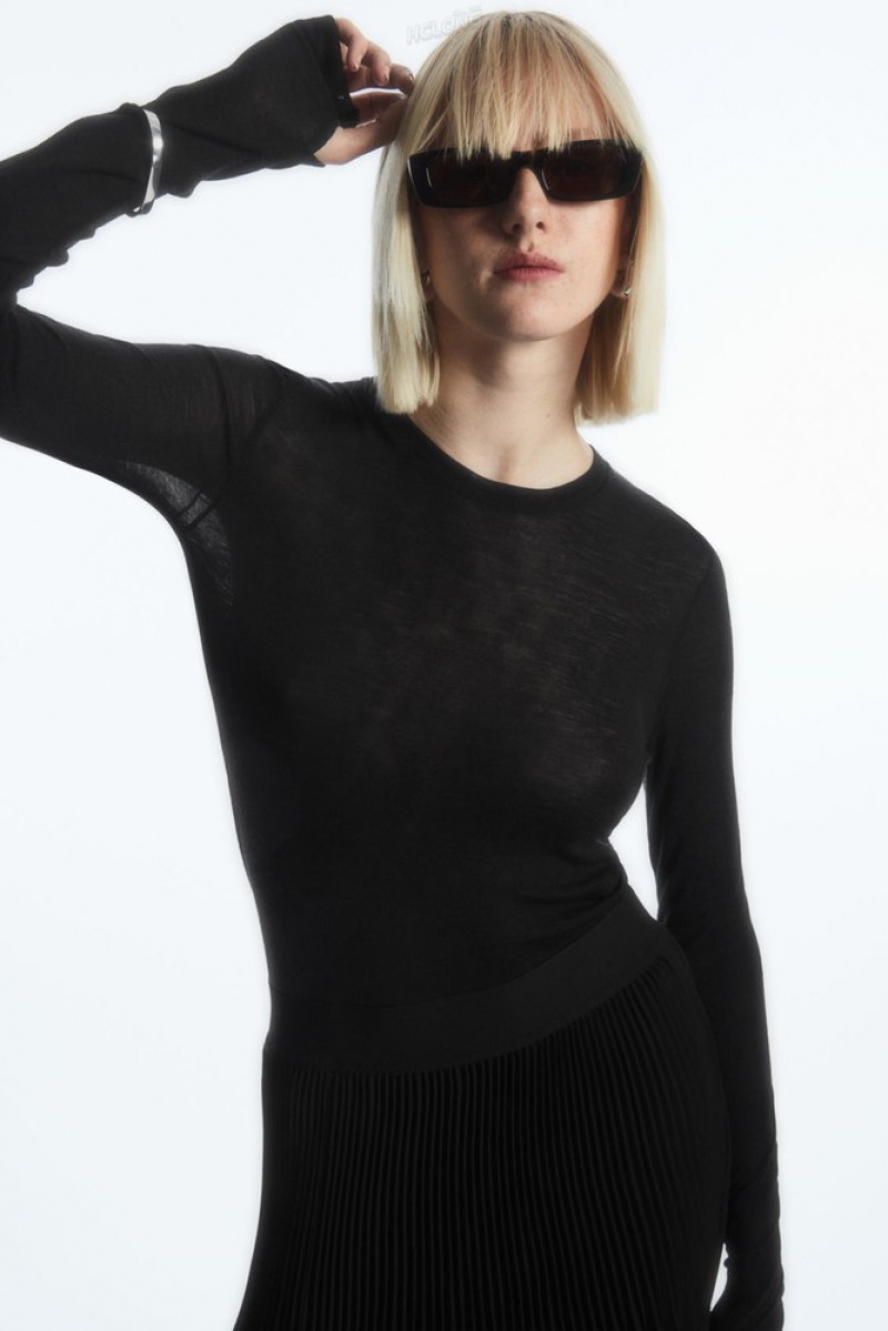 COS Crew-Neck Merino Laine Top Noir | 186935-NXI