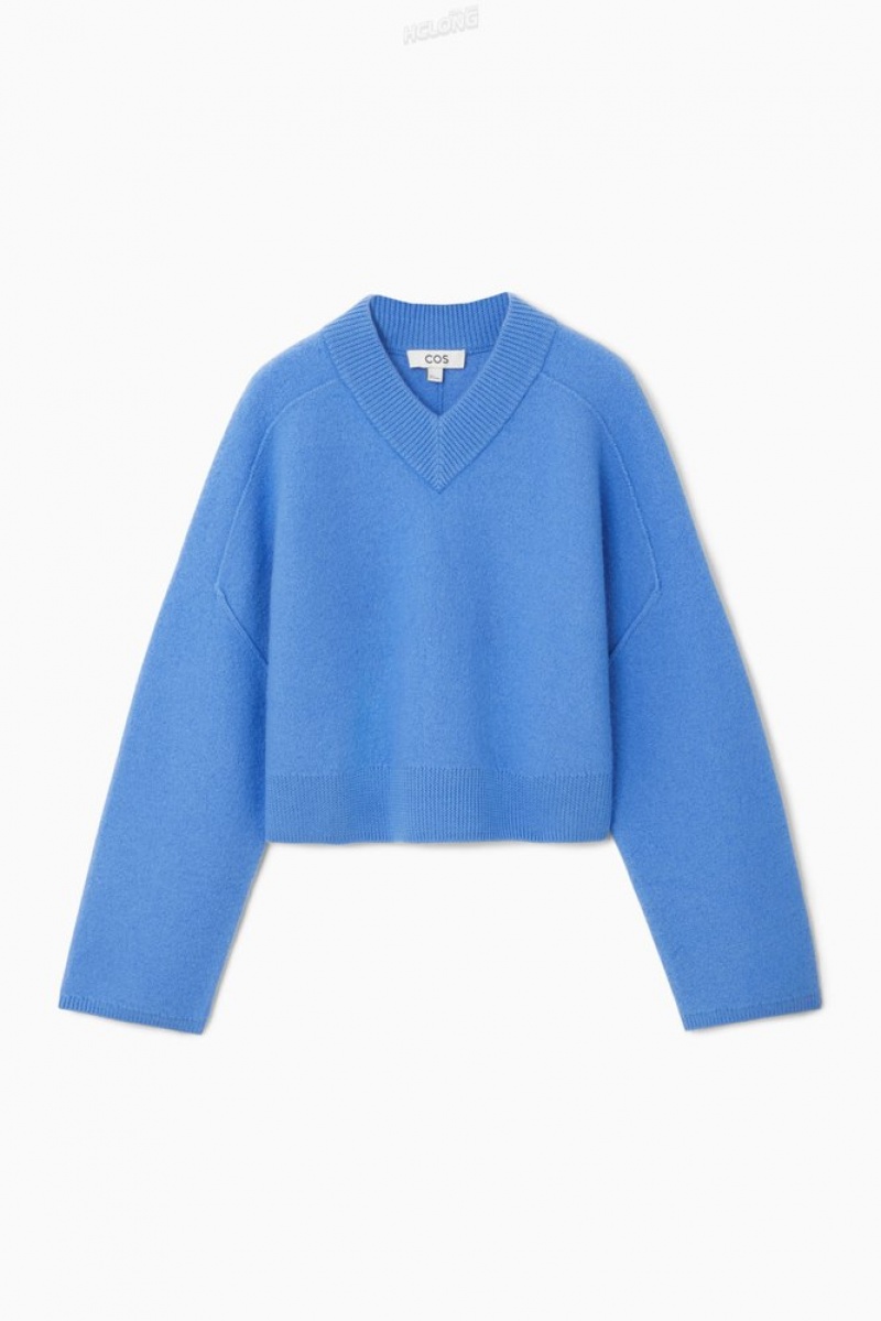 COS Cropped V-Neck Laine Pull Bleu | 613052-WNB