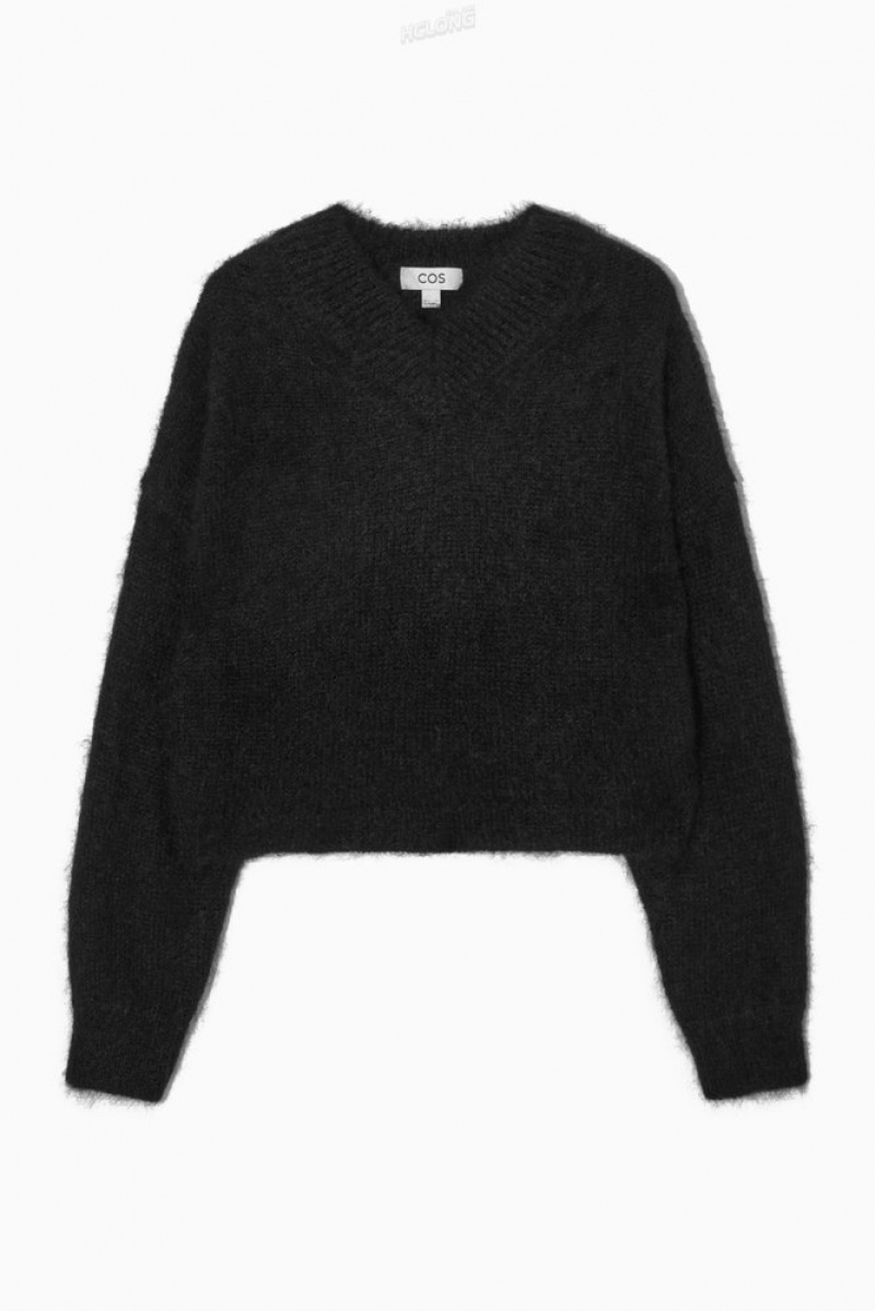 COS Cropped V-Neck Mohair Jumper Bleu Marine | 649701-CZM