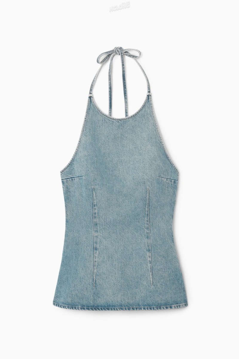 COS Denim Halterneck Top Bleu | 857134-UTZ