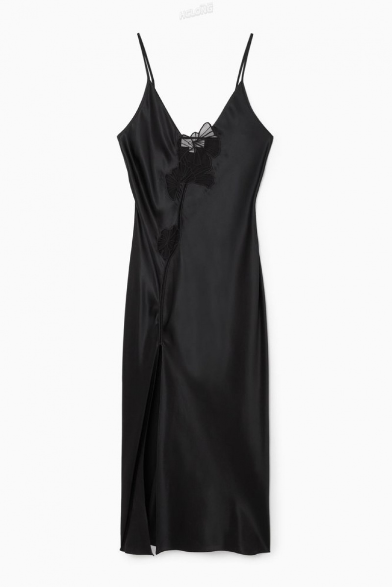 COS Dentelle-Paneled Silk Slip Robe Noir | 043915-PSY